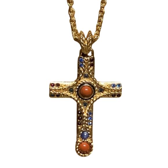 Camrose & Kross JBK Cross Necklace Gold w/ Blue & Red Stones/Crystals 20 Inches - Picture 7 of 12